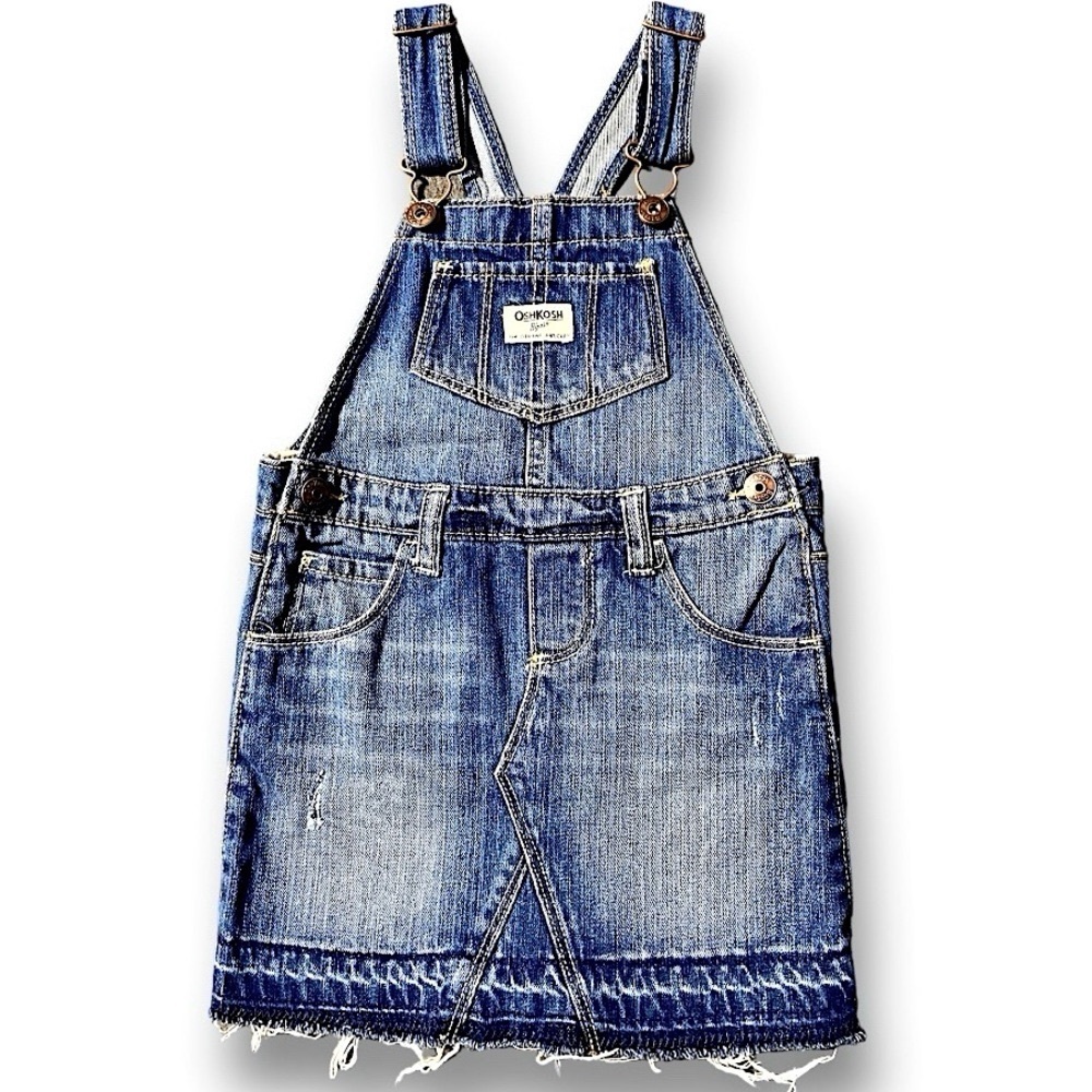 Oshkosh Kids Girls Size 4 Overalls Distressed Blue Jean Denim Dress Bibs NEW